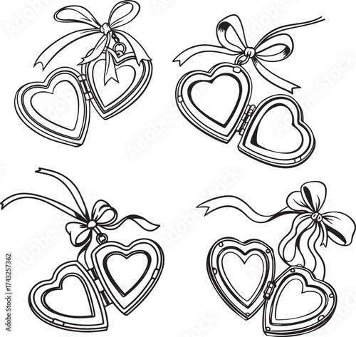 set of vector hearts, Set of vintage locket in heart shape, A Symbol of Love and Memories.