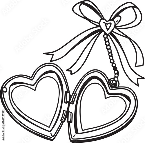 vector illustration of a heart, Outline drawing heart locket line clipart symbol, Vector art of two heart shaped locket with a bow
