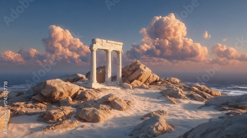 Ancient ruins with ocean view and beautiful cloudscape evoking classical themes