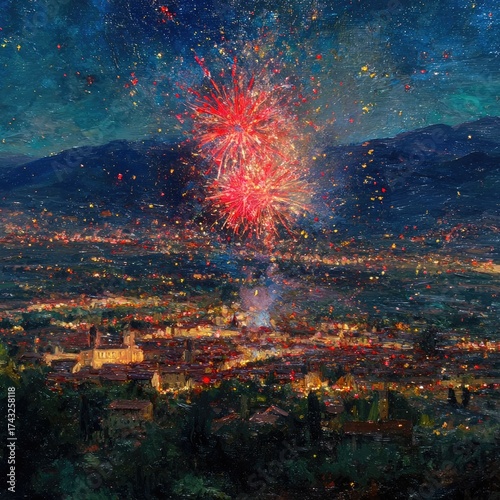 Night cityscape view, fireworks explode over a valley