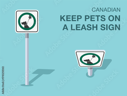 Traffic regulation rules. Isolated canadian "keep pets on a leash" road sign. Front and top view. Flat vector illustration template.
