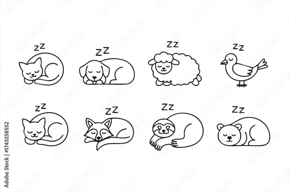 Naklejka premium Cute sleeping animals doodle icon set for bedtime and relaxation themes