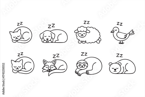 Cute sleeping animals doodle icon set for bedtime and relaxation themes