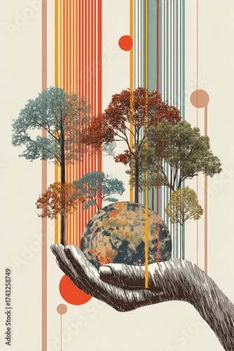 Hand holding Earth, surrounded by trees and colorful stripes