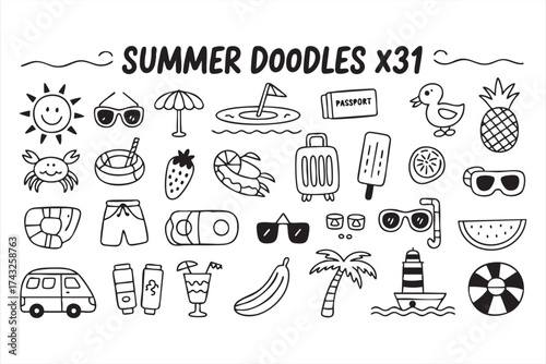 Tropical travel and beach fun vector illustration with summer doodles