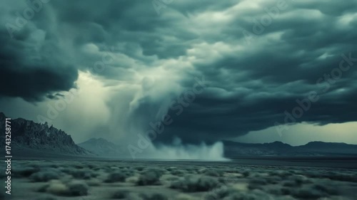 Dramatic storm clouds over barren landscape