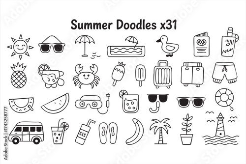 Summer doodle icons set with beach and holiday vacation elements
