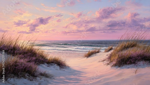 Pastel sunset beach scene.  Soft, pink hues paint a tranquil beach path, leading to a calm ocean
