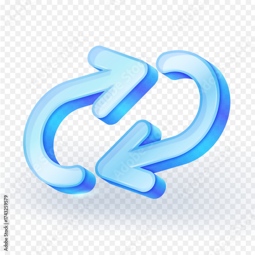 3D arrows forming loop icon. Material is light blue clear glass. Concept of rotation, circular economy, continuous process, repeat, recycle, refresh or data synchronization. Vector illustration.