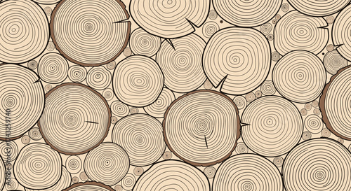 Seamless pattern of wood log cross sections with visible growth rings.