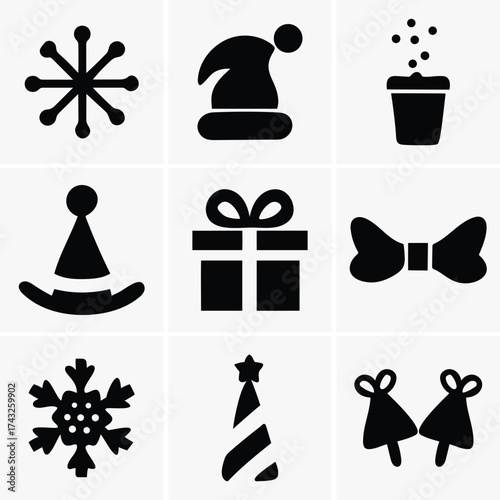 Black silhouette shows icon grid of Christmas and New Year winter holiday on transparent background