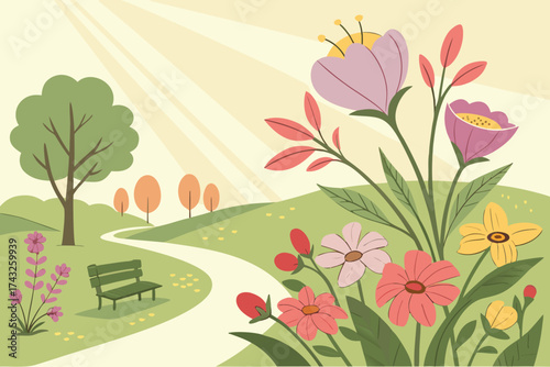 A peaceful spring landscape with flowers, trees, and a bench in a park setting