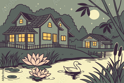 A peaceful night scene with a house by the lake, illuminated by moonlight