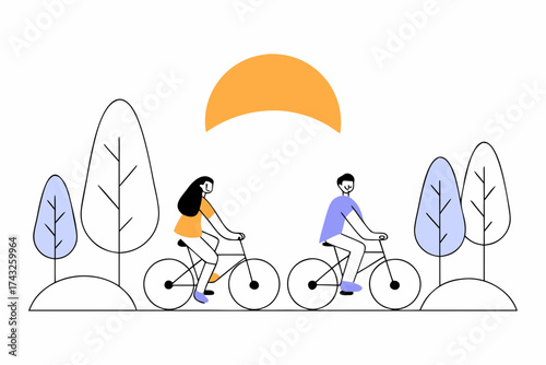 Couple riding bicycle in park with sun