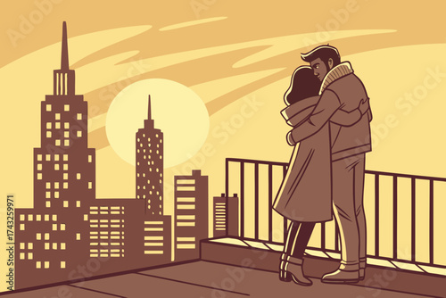 A couple hugging on a rooftop with a city skyline and a sunset in the background
