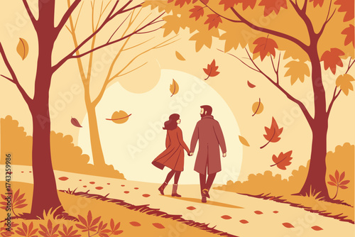 A couple walking hand in hand through a park in autumn with falling leaves
