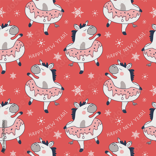 A seamless pattern for the New Year. It features a horse in a donut on a red background