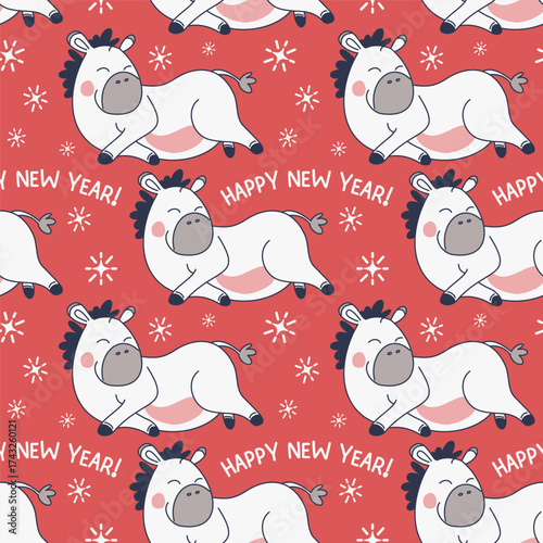 Seamless New Year's pattern. A horse lies down and smiles. The inscription Happy New Year!