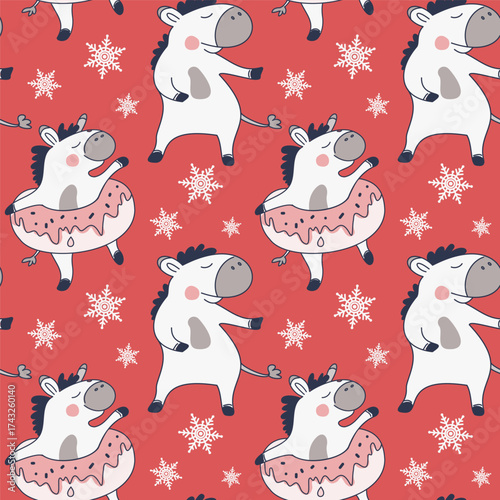 Seamless New Year's pattern. Dancing horse and horse in a donut. Red background with snowflakes