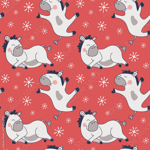 Seamless New Year's pattern. Dancing and lying horses. Red background with snowflakes