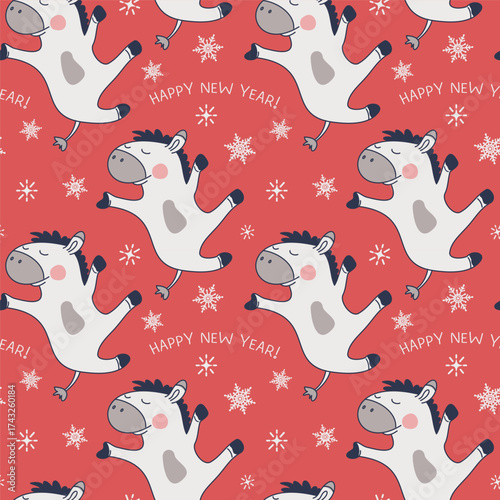 Seamless New Year's pattern. Dancing horse on a red background. The inscription Happy New Year