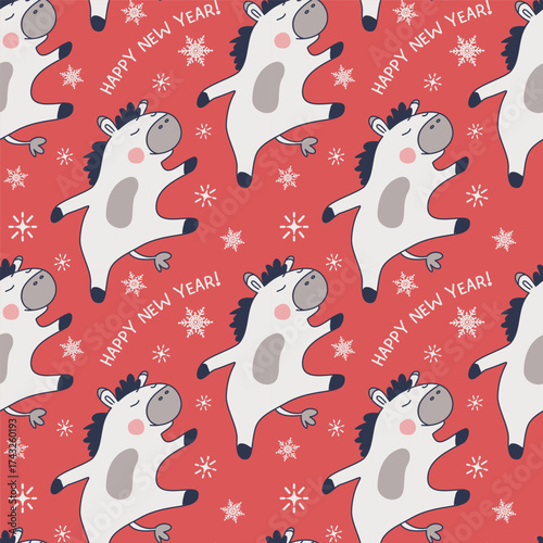 Seamless New Year's pattern. Dancing horse on a red background