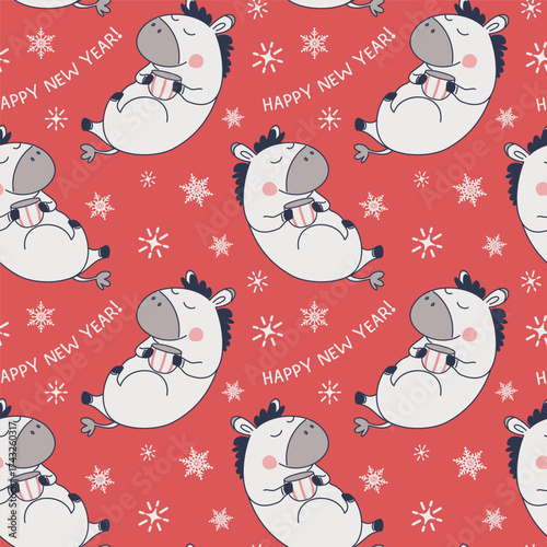Seamless pattern for the New Year. A horse with a mug on a red background