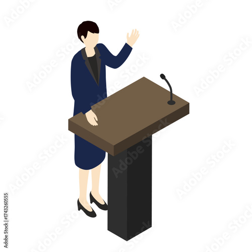Female leader giving a speech at podium isometric illustration