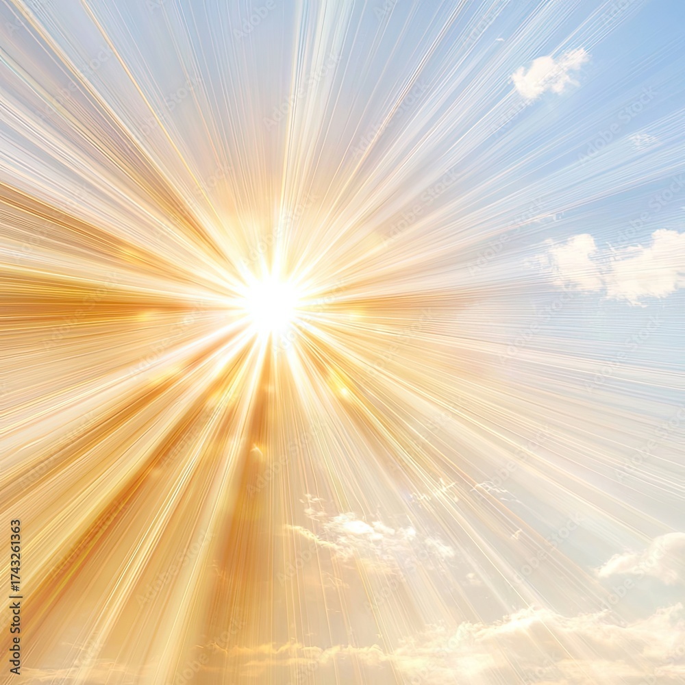Naklejka premium Bright Sunlight Rays Shining Through Soft Clouds Creating a Beautiful Sky Background with Vibrant Light Effects