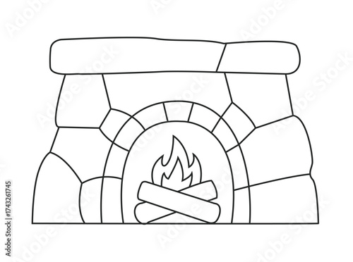 Minimal line art of a rustic stone fireplace with warm smoke and flames, expressing cozy winter comfort, handcrafted design, and peaceful home interior decor aesthetics.