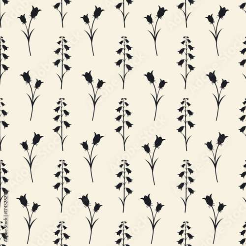 Stylized black bellflower silhouettes form a seamless floral pattern on a light background,