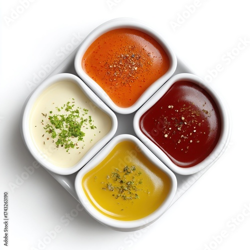 Assortment of four vibrant dipping sauces in white ceramic bowls garnished with spices and herbs on a white tray