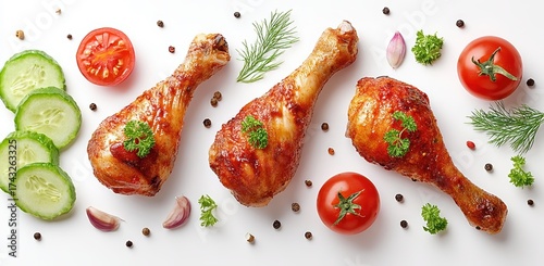 Three roasted chicken drumsticks with fresh vegetables and herbs arranged with spices on a clean white background Top