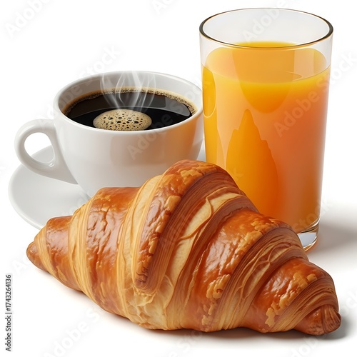 Croissant and coffee with orange juice isolated on white background