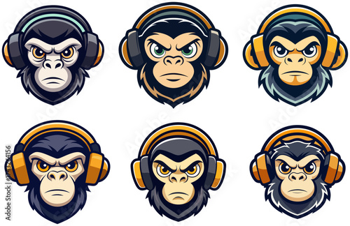 Gorilla mascot logo with headphones in various angry expressions for esports or streetwear branding