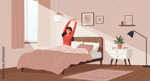 A vibrant flat design illustration capturing a young woman's refreshing morning routine, waking up and stretching in her stylishly decorated and cozy room. It evokes a feeling of fresh begin.