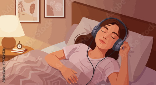 This flat design vector illustration depicts a young woman sleeping soundly in her cozy room, finding peace with the gentle strains of music through her headphones. 