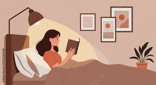 This flat design illustration shows a young woman enjoying a quiet moment of reading in bed, in her beautifully decorated and cozy room. It highlights relaxation and personal leisure.