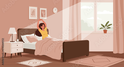 A vibrant flat design illustration capturing a young woman's refreshing morning routine, waking up and stretching in her stylishly decorated and cozy room. It evokes a feeling of fresh begin.