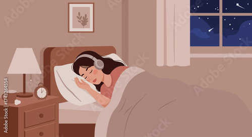 This flat design vector illustration depicts a young woman sleeping soundly in her cozy room, finding peace with the gentle strains of music through her headphones. 