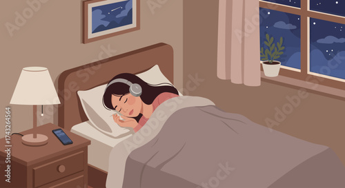 This flat design vector illustration depicts a young woman sleeping soundly in her cozy room, finding peace with the gentle strains of music through her headphones. 