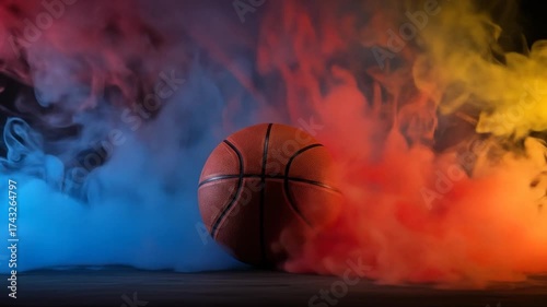 Basketball on dark surface surrounded by colorful smoke background