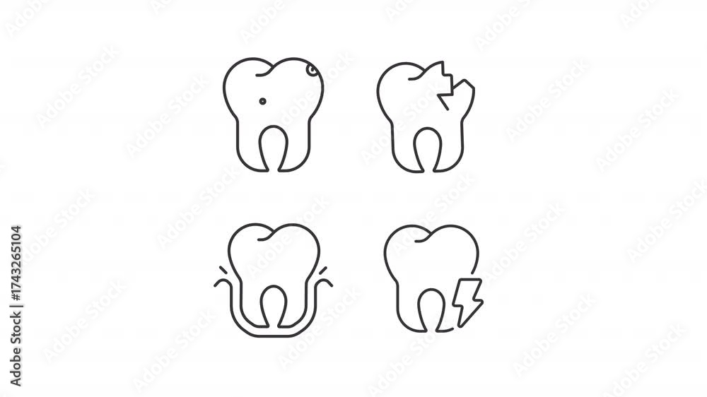 Tooth Defects Animation Animated teeth disease types line icons. Dental patient care animation ...