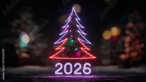 Christmas tree neon year 2026 holiday winter snow light celebration new year greeting card background design