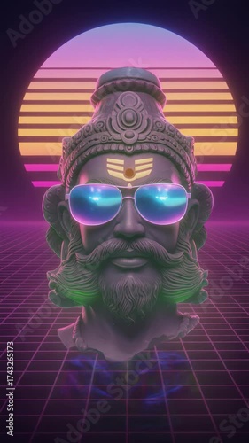 Vaporwave statue retro neon art music background future culture god synthwave 80s style dj bust face