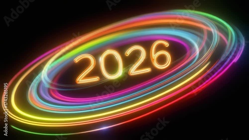 Year 2026 neon light speed motion future energy celebration new year party event color trace abstract