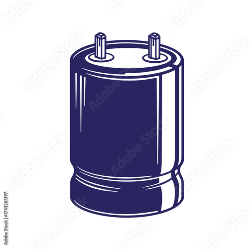 Illustration of a vintage electrolytic capacitor in dark blue with white outline