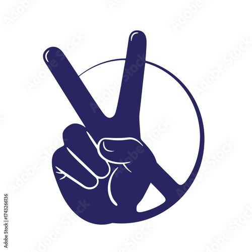 Peace hand sign vector illustration in blue outline within white circle vintage style