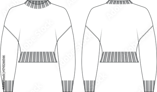 high neck turtleneck ribbed neck hem cuff drop shoulder long sleeve crop cropped knitted sweater knitwear pullover template technical drawing flat sketch cad mockup fashion woman design style model 
