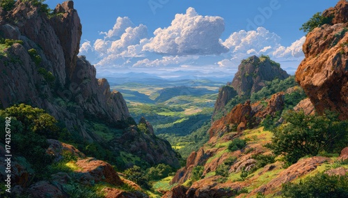 Rocky vista, valley view, dramatic mountains